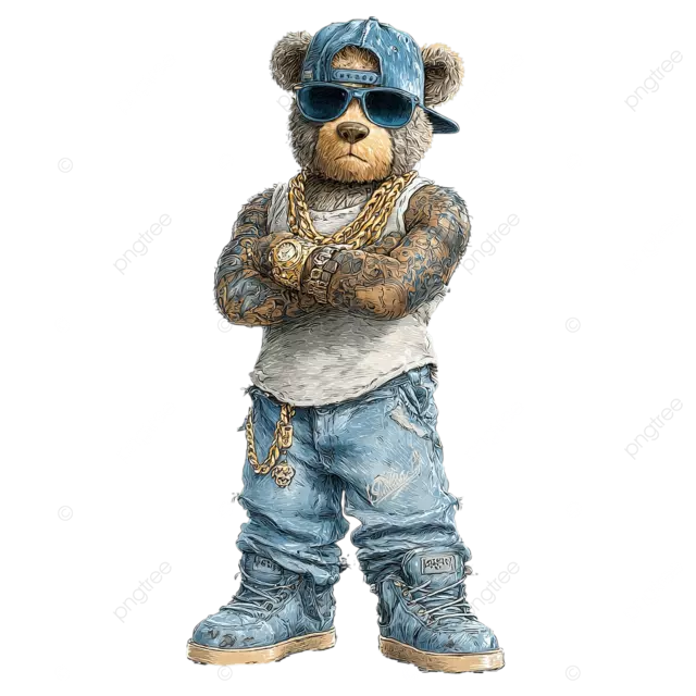 带着纹身和太阳镜的泰迪熊双臂交叉站立