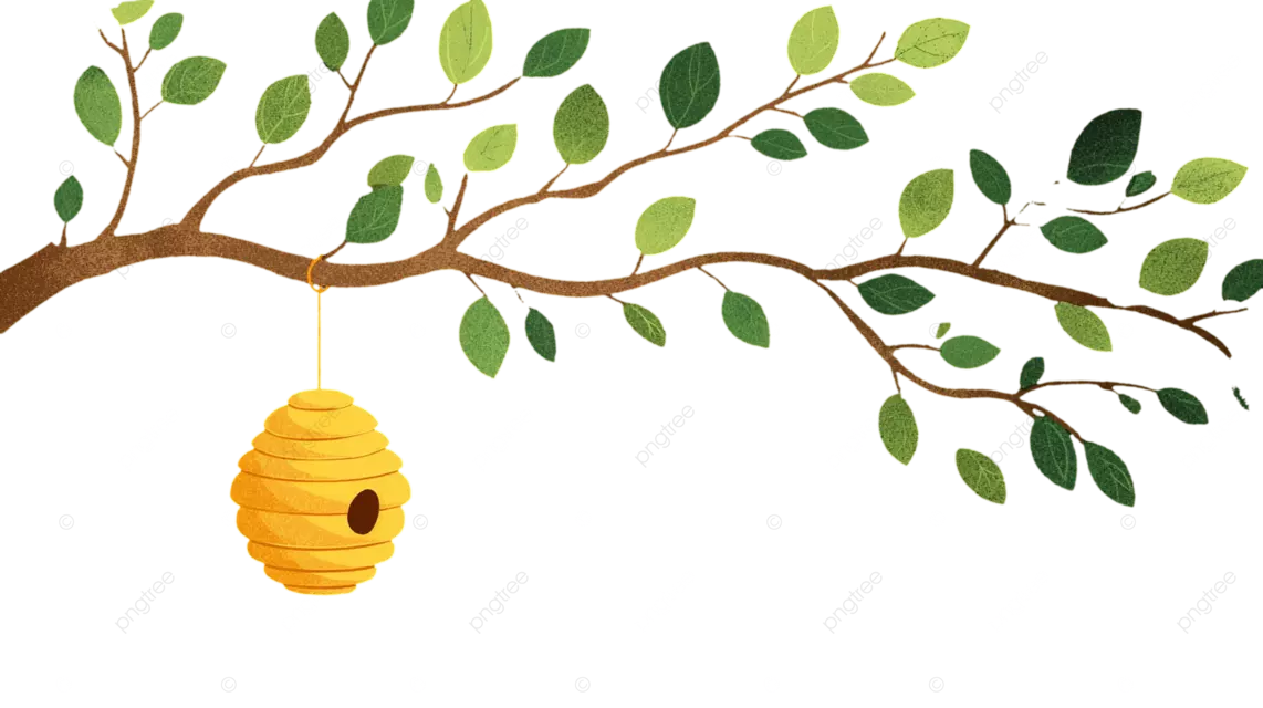 一个黄色的蜂巢悬挂在棕色树枝上，树枝上有绿叶，背景为黑色