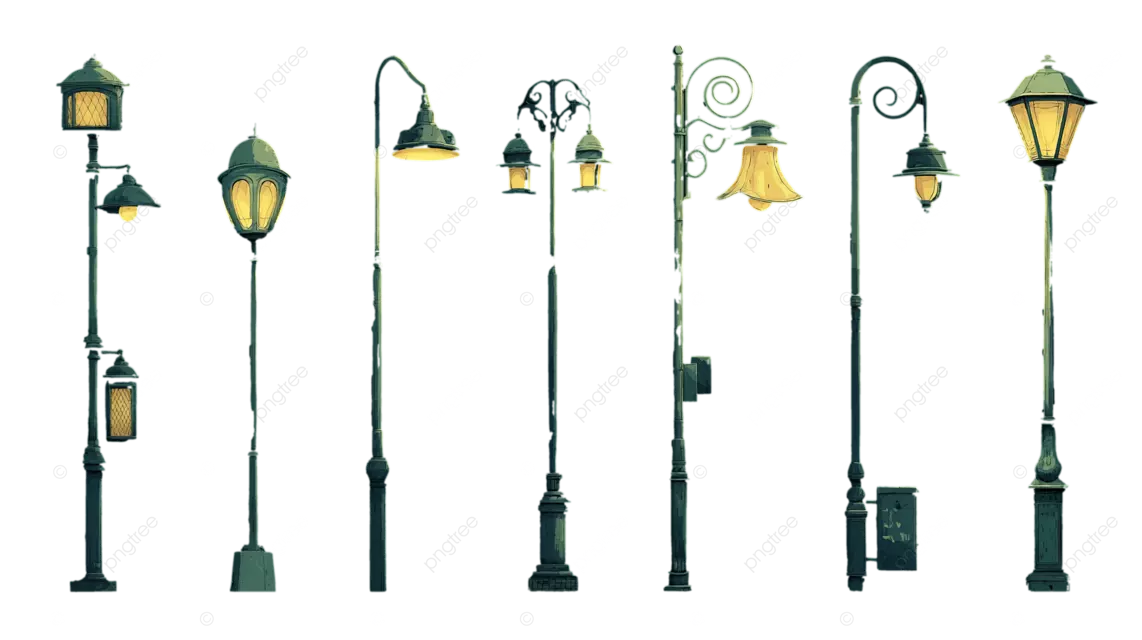 九盏深绿色路灯，发出黄色的光芒，映衬着黑色背景。
