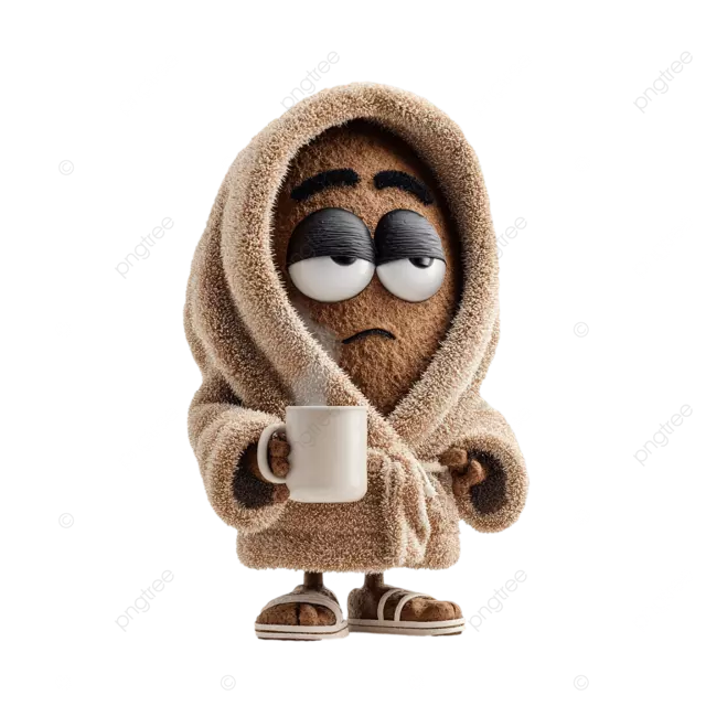 一个昏昏欲睡的拟人咖啡豆醒来，拿着杯子穿着浴袍
