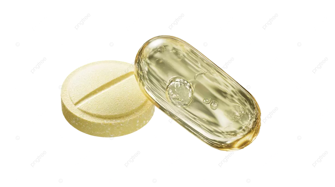 棋盘格背景上两颗带有气泡的黄色药丸