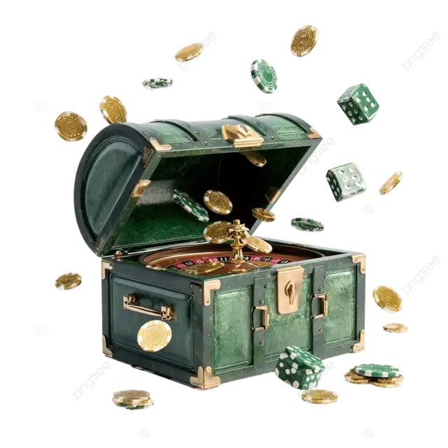 带有金币赌场芯片和轮盘赌在白色背景的开放式宝藏箱