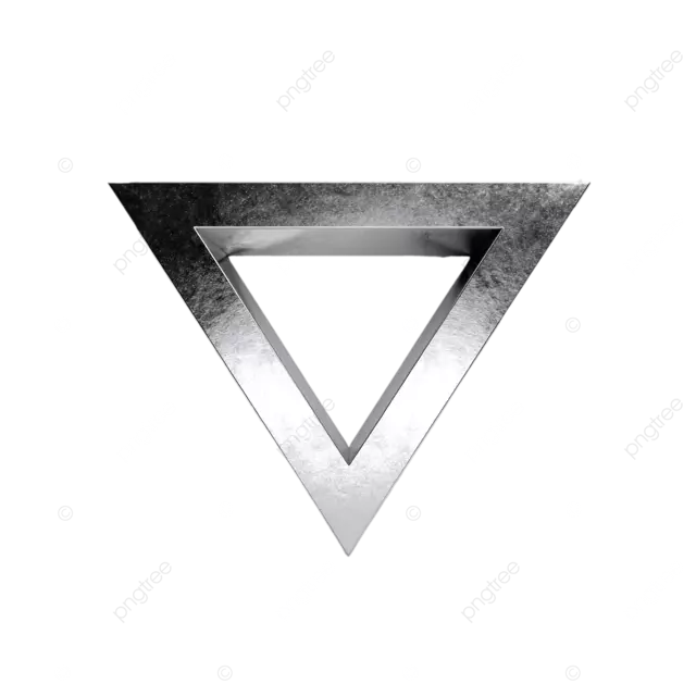 闪亮的固体金属倒三角模型，带有3D呈现纹理在白色背景