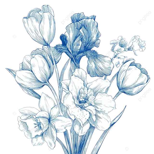 蓝色墨水线条绘制的花卉花束矢量图，包含鸢尾花 郁金香和水仙花等元素，线条简洁。