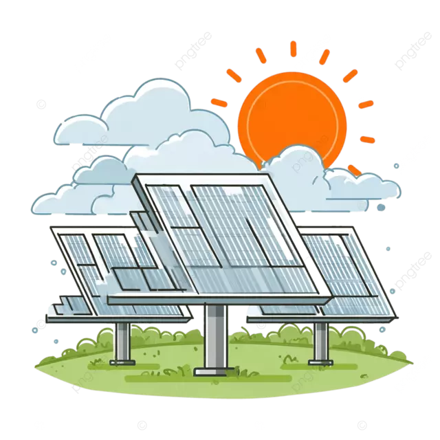 太阳能电池板在阳光下的绿草和云层扁平矢量图
