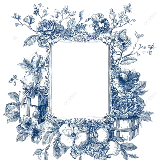 复古水墨线条艺术画框，饰以手绘礼物和对称花卉图案