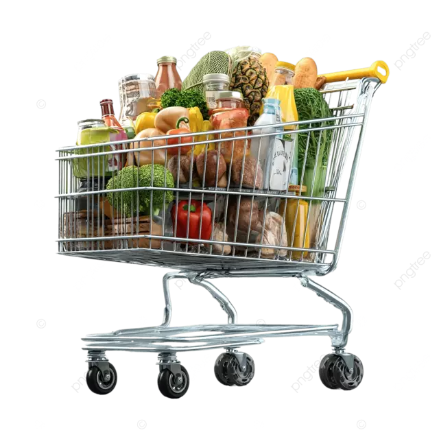 购物车里装满了白色背景上隔离的杂货