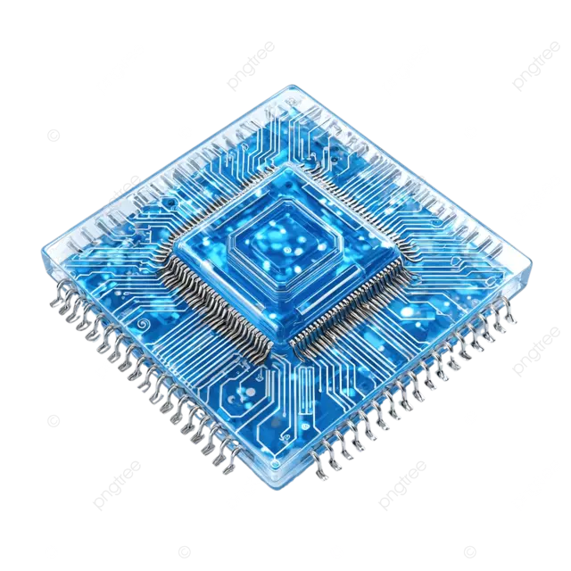 透明背景上带有电路板线条的蓝色计算机芯片高分辨率 png 剪贴画