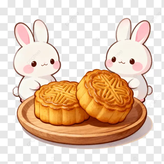 卡通水彩托盘月饼兔子中秋团圆夜剪纸画