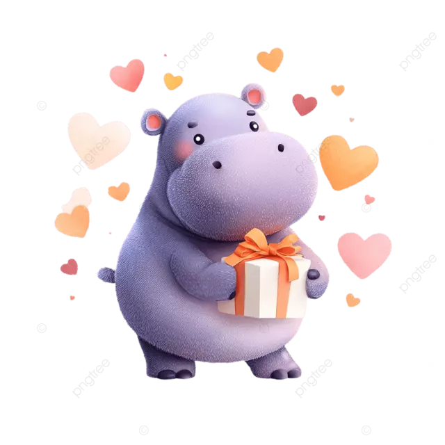 可爱的河马抱着一个装满爱心的礼盒