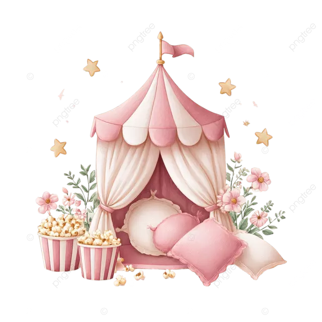 带枕头的腮红沉睡派对帐篷和软奶油粉彩水彩中的爆米花