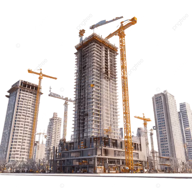 一辆黄色起重机在工人和脚手架间建造办公楼。