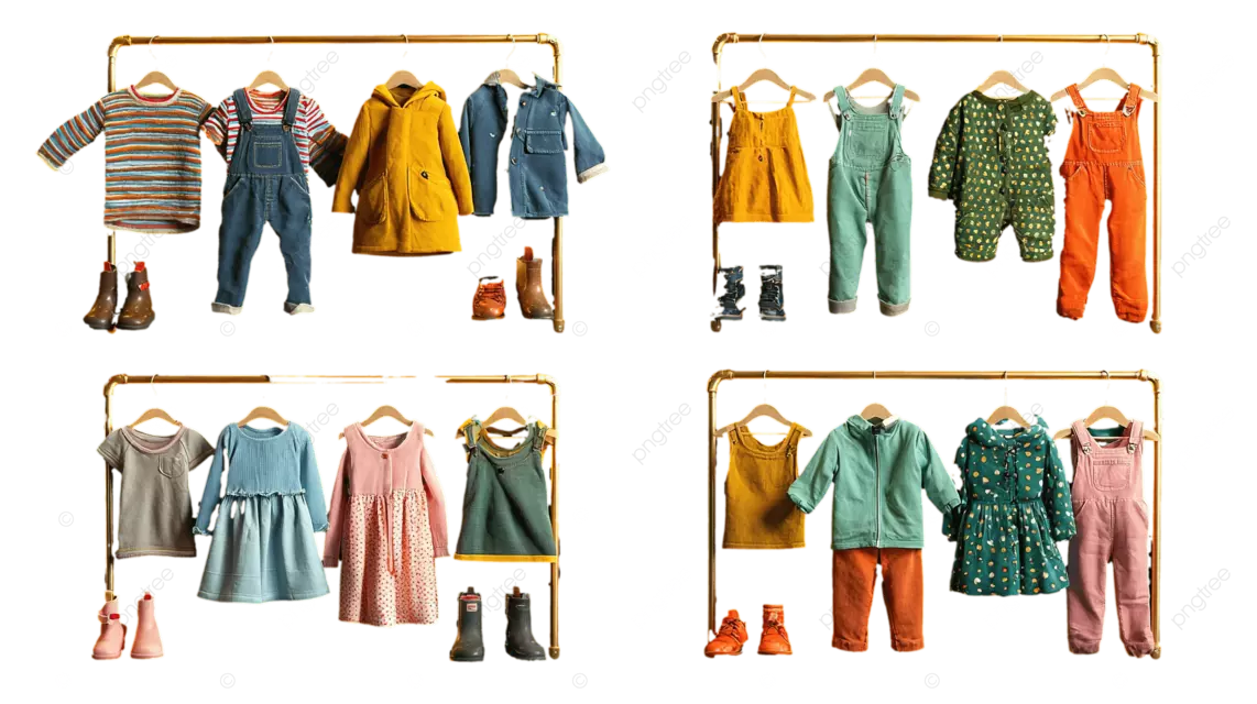 金色衣架上挂着童装，黑色背景上的鞋子