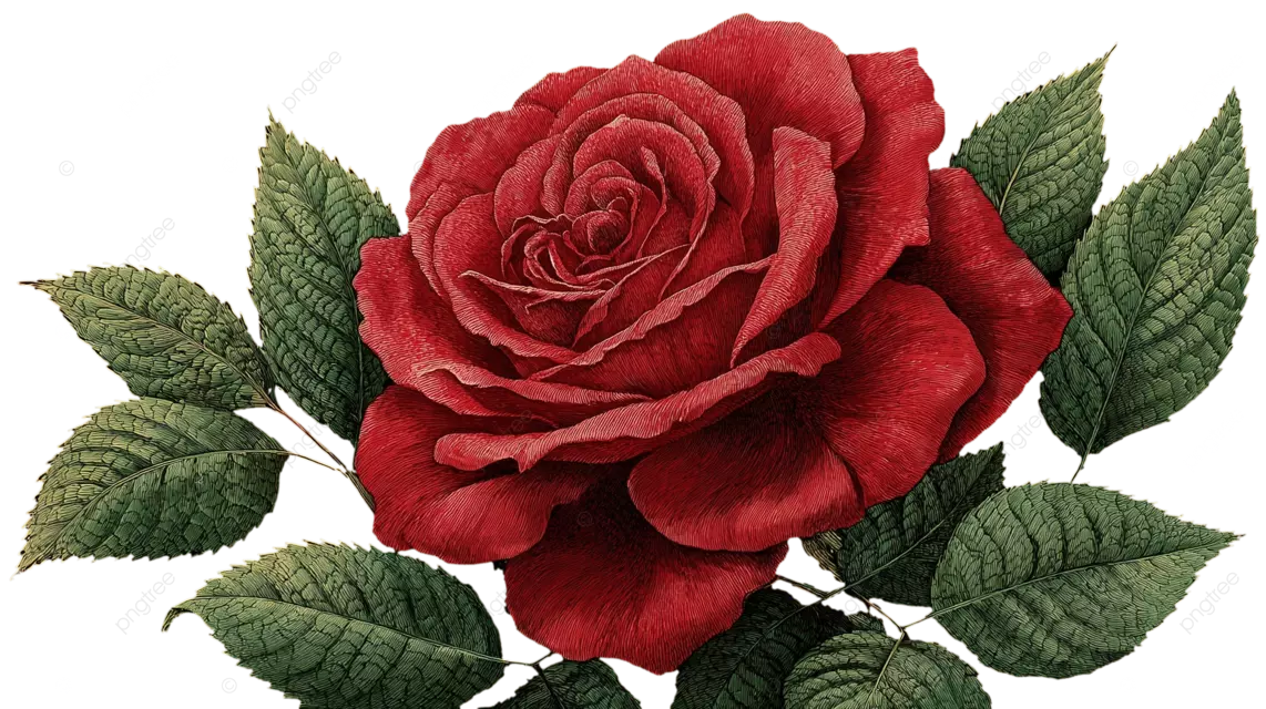 黑色背景上，一朵鲜艳的红玫瑰，花瓣层叠，绿叶密布