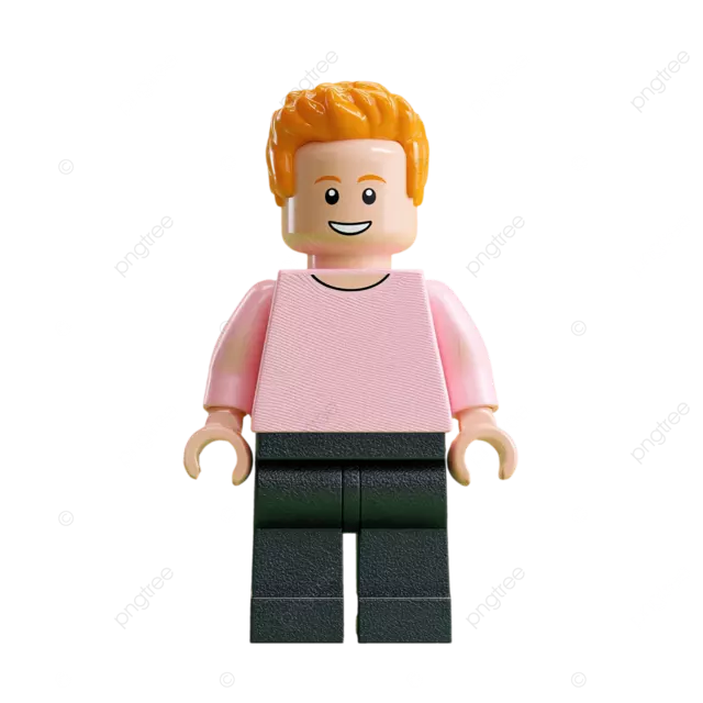 绿色背景上，有着橙色头发和粉色衬衫的乐高人物