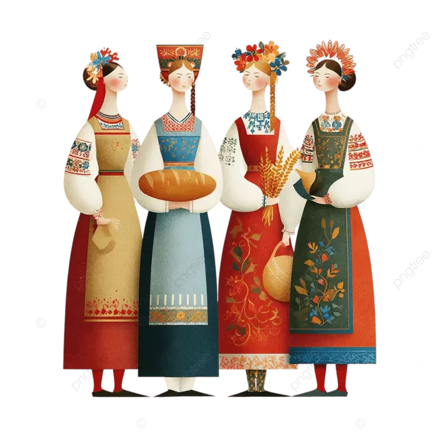 四名俄罗斯妇女穿着民间服装极简插图