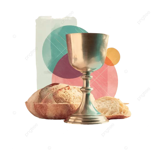 风格化的圣餐公告封面，带有圣杯和面包的电影灯光柔和的色调