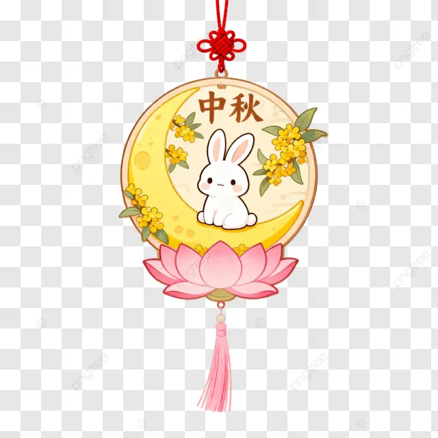 卡通水彩莲花月亮中国结摆件兔子桂花中秋团圆夜剪纸画