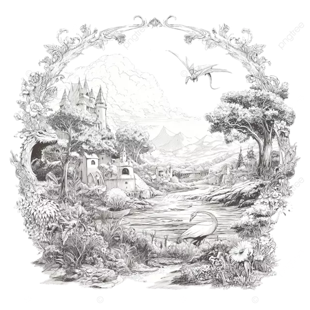 童话风景与龙矢量 svg 黑色线条艺术异想天开的神奇风景幻想维多利亚线条