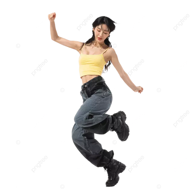 高大美丽的韩国女人黑色头发黄色背心宽松牛仔裤黑色鞋在白色背景上跳舞