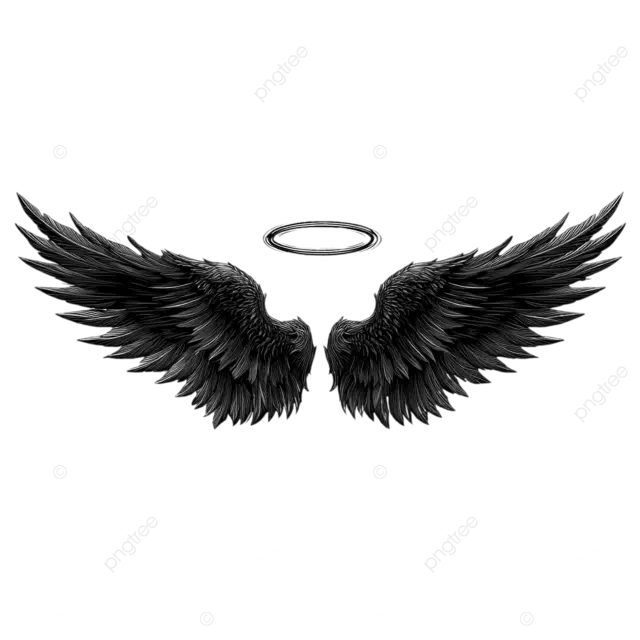 简单的黑色天使翅膀，白色背景上带有光环，矢量 png