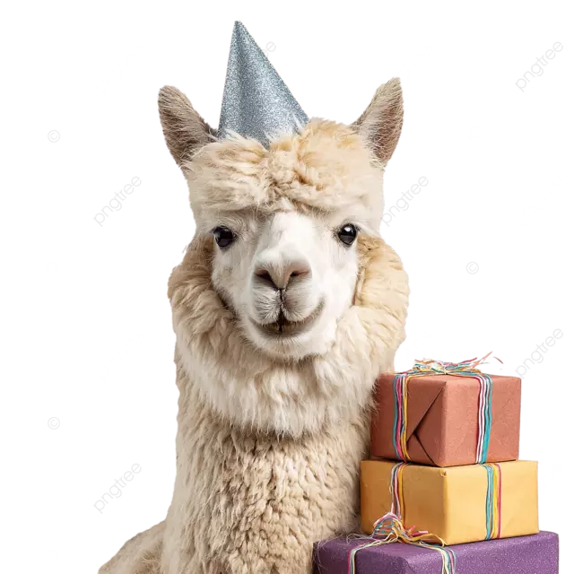 一只笑容灿烂的羊驼戴着闪闪发光的派对帽，上面挂满了生日礼物和彩带。