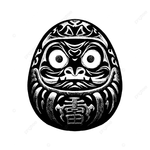 达摩娃娃黑色纹身，部落恐怖融合，锯齿状笔触，不祥纹理