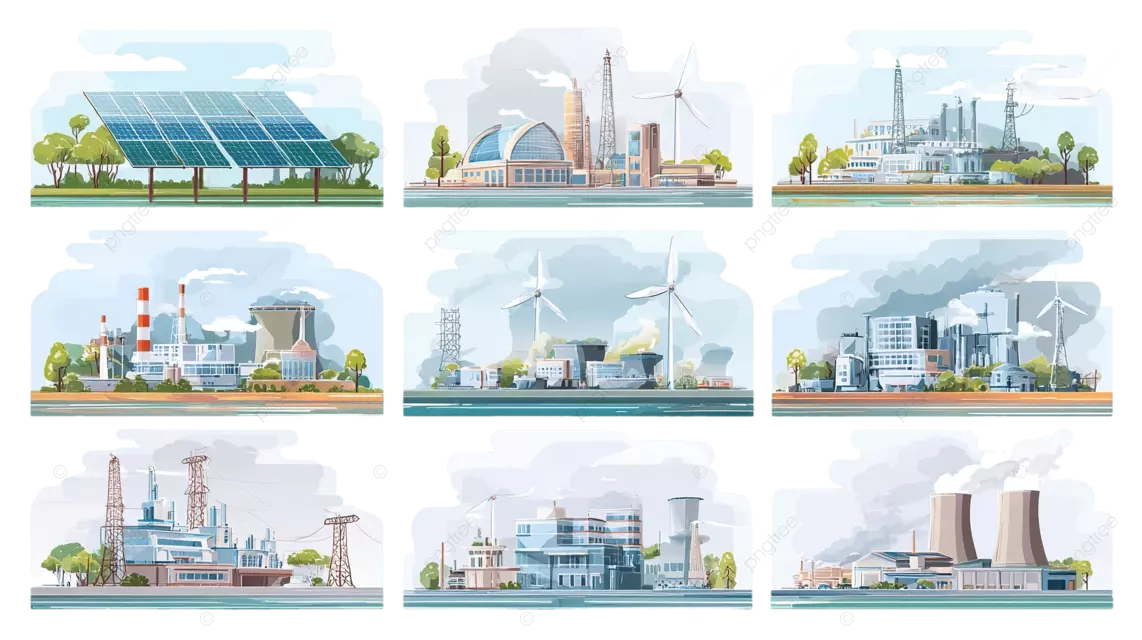 能源和工业设施：太阳能电池板工厂 风力涡轮机 水力发电 煤炭发电 核电站