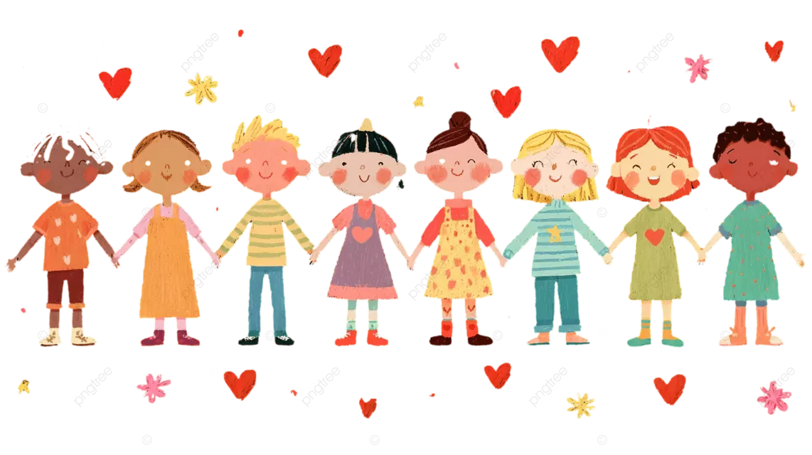 八个卡通儿童手拉手排成一排，手上拿着爱心和鲜花