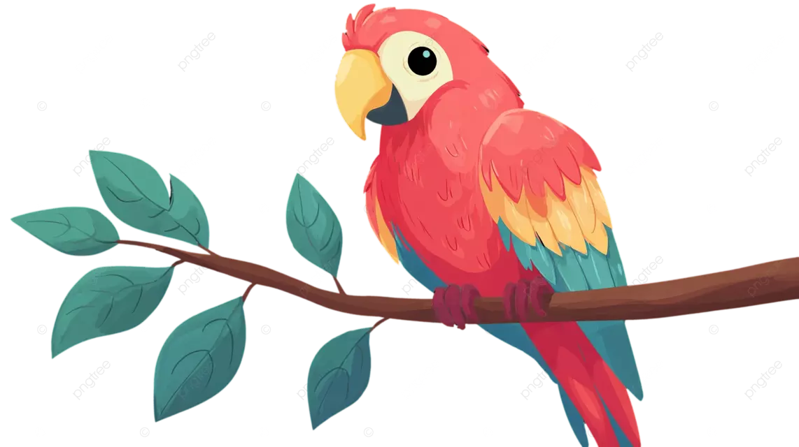 一只色彩鲜艳的卡通鹦鹉，红色的身体和蓝黄色的翅膀，栖息在绿叶的树枝上
