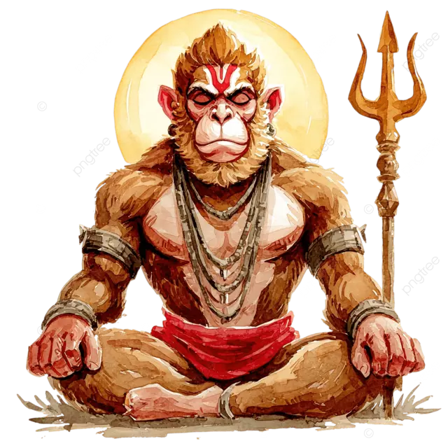 哈努曼手持三叉戟和权杖在金色光环中冥想水彩水墨艺术