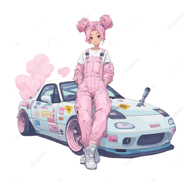 可爱的动漫女孩机械师靠在柔和的RX7上，带有心形排气烟雾
