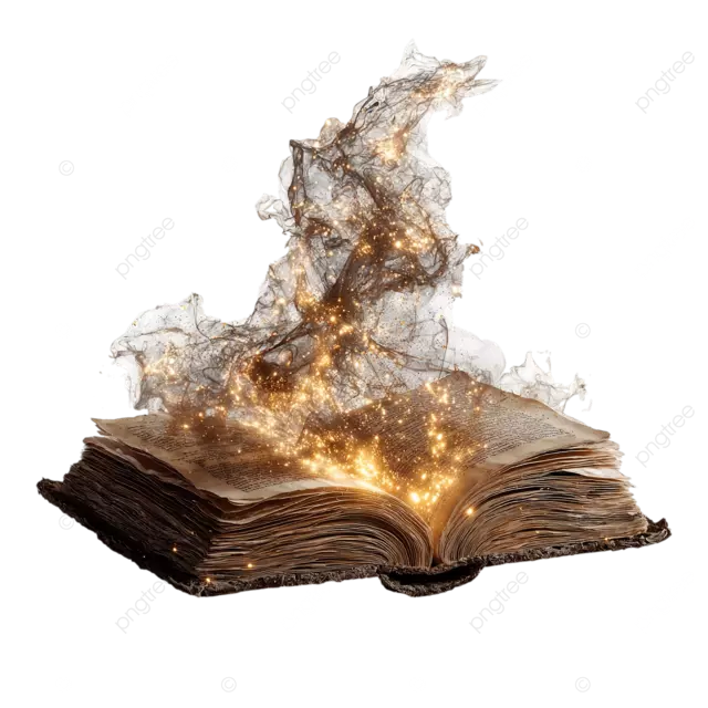 神秘的开放式旧书，发光的金色烟雾