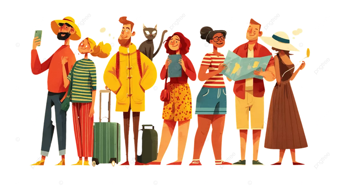 六个卡通人物穿着不同的服装，带着地图和行李箱旅行