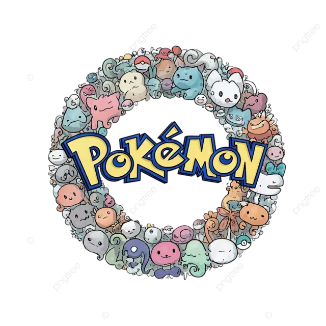 色彩鲜艳的可爱卡通宝可梦圆形图案，白色背景，线条简洁。