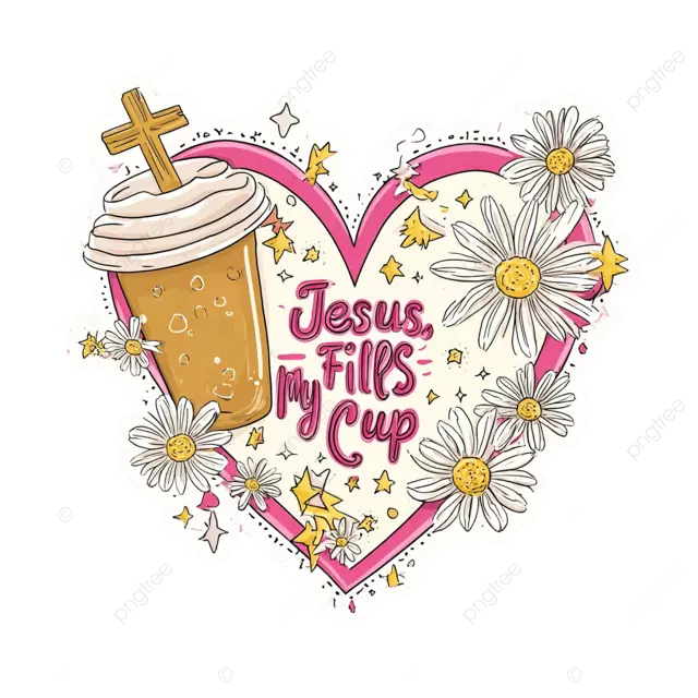 耶稣用咖啡十字和粉红色的闪光背景充满了我的杯子涂鸦