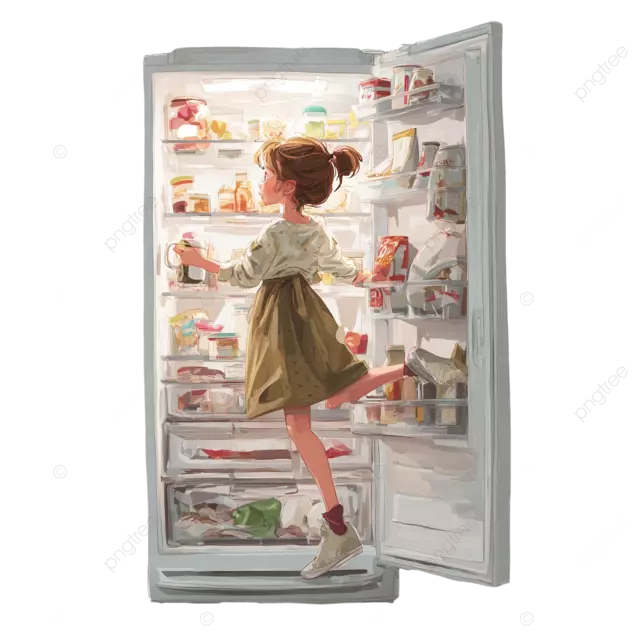 正面视图的透视图是一个女孩从冰箱底部抓住杯子在白色背景上的杯子
