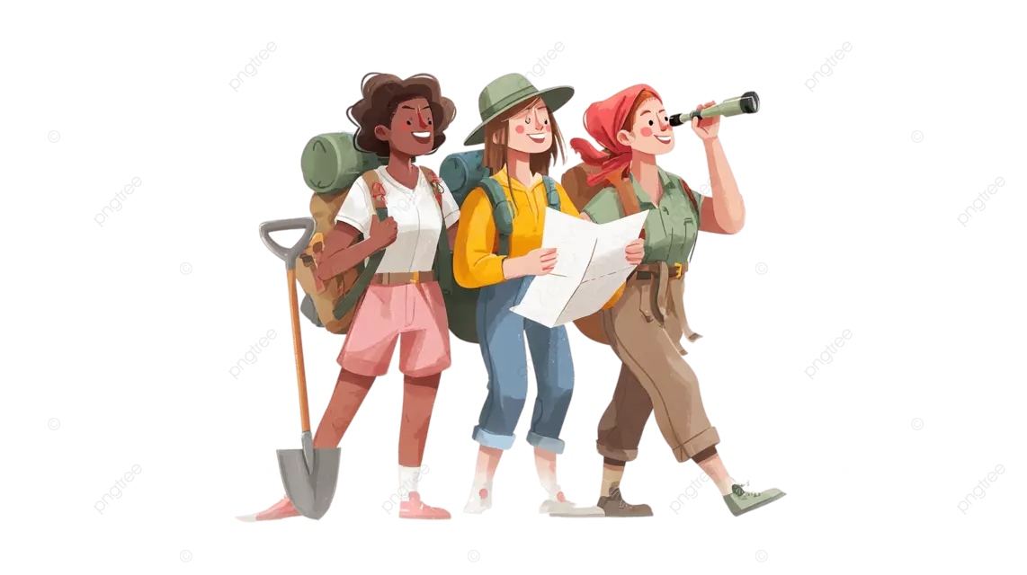 三位探险家带着地图和望远镜进行户外徒步旅行