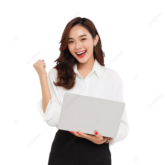 欢乐的印度尼西亚女性庆祝在线竞赛赢得与白色背景的商务休闲服装