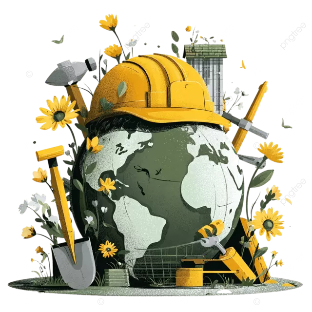 黄色安全帽里的地球仪，旁边放着工具和鲜花
