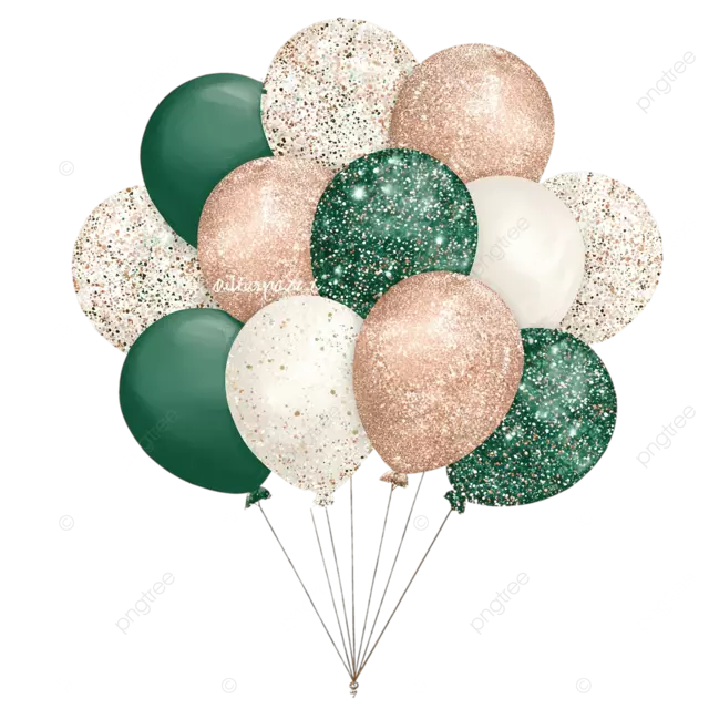 闪光气球剪贴画金色翡翠绿色玫瑰金闪光玫瑰金派对剪贴画png白色背景