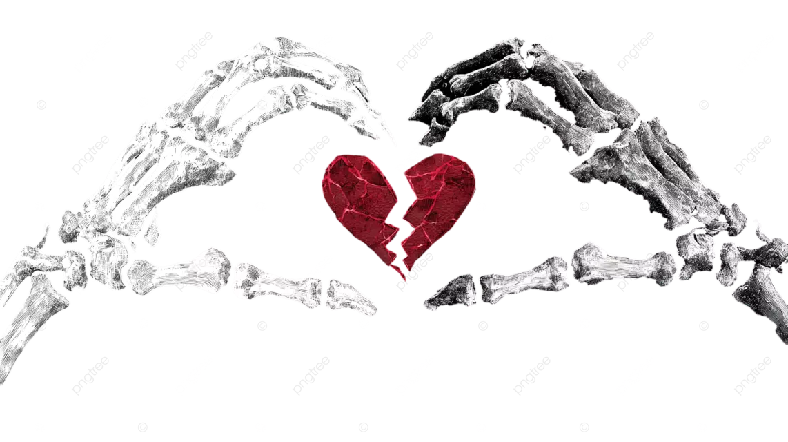 黑色背景上，两只骷髅手组成一个心形框架，框架内是一颗破碎的红色心脏。