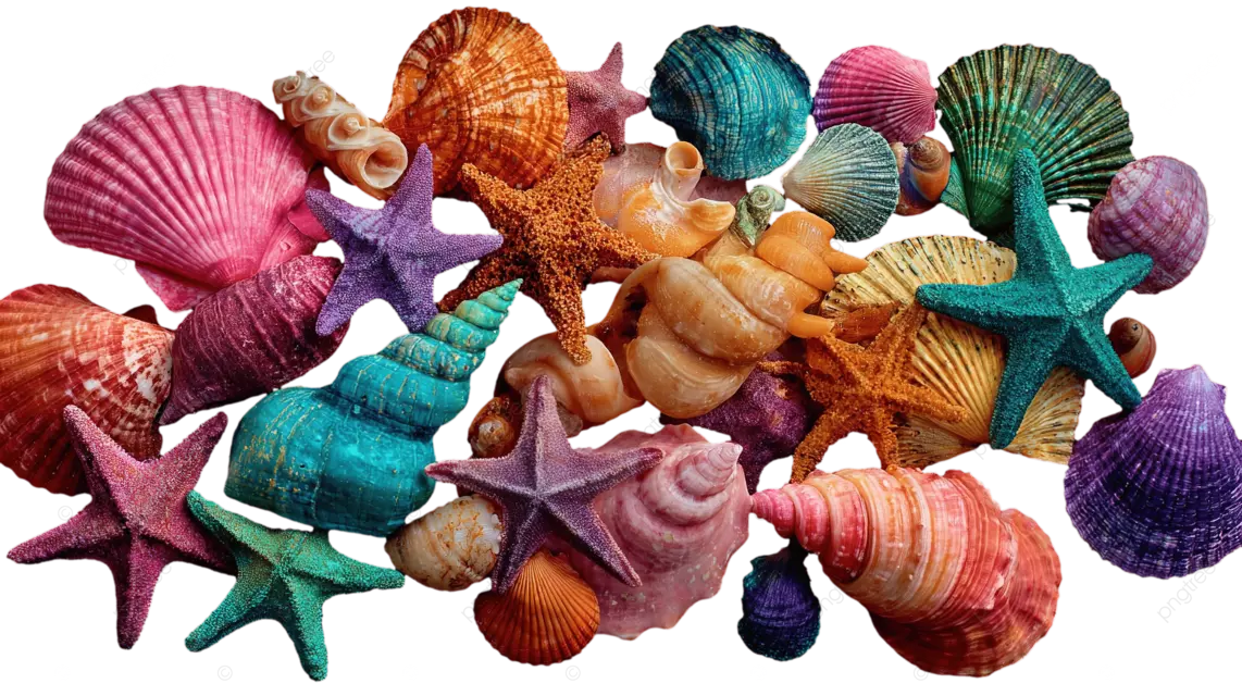 黑色海洋背景上五颜六色的贝壳和海星