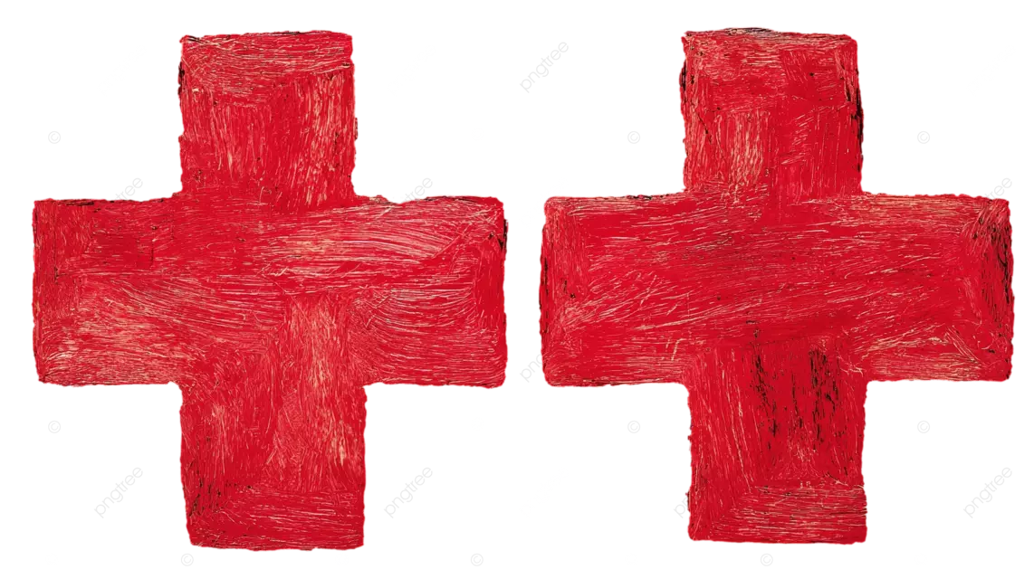 黑色背景上两个红色十字，笔触大胆