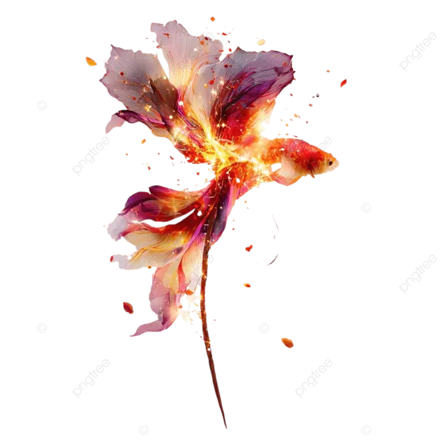 一朵色彩缤纷的闪光花，花瓣绽放，围绕着金鱼翩翩起舞，背景是白色背景。