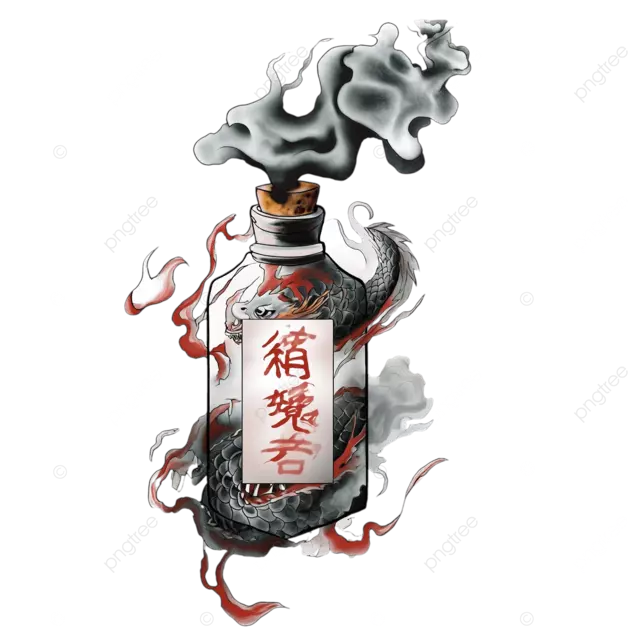 日本传统纹身，烟雾从白色的瓶子上升