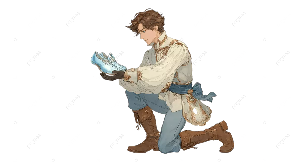 一位身着古典服饰的男子跪着，手里拿着一个带水晶鞋的蓝色枕头