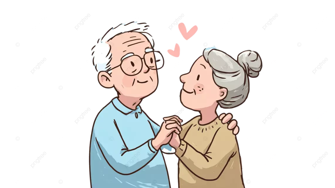 一对老年夫妇在蓝色背景和粉色爱心图案的映衬下，快乐地跳舞。