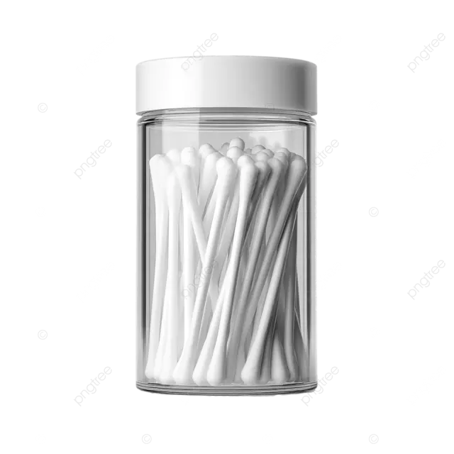 商业产品照片棉签中的圆柱透明塑料容器白色背景高细节逼真的照明
