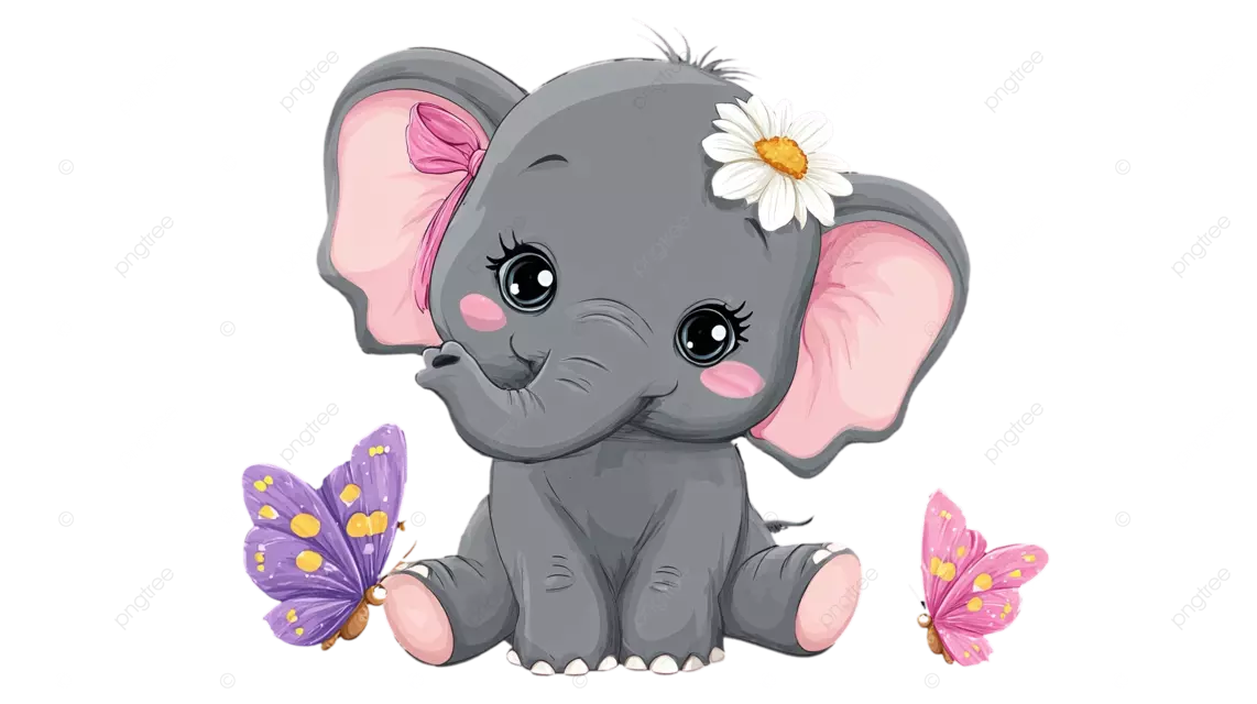 一头灰色大象，大耳朵，圆眼睛，戴着一朵花和一条蝴蝶结丝带。